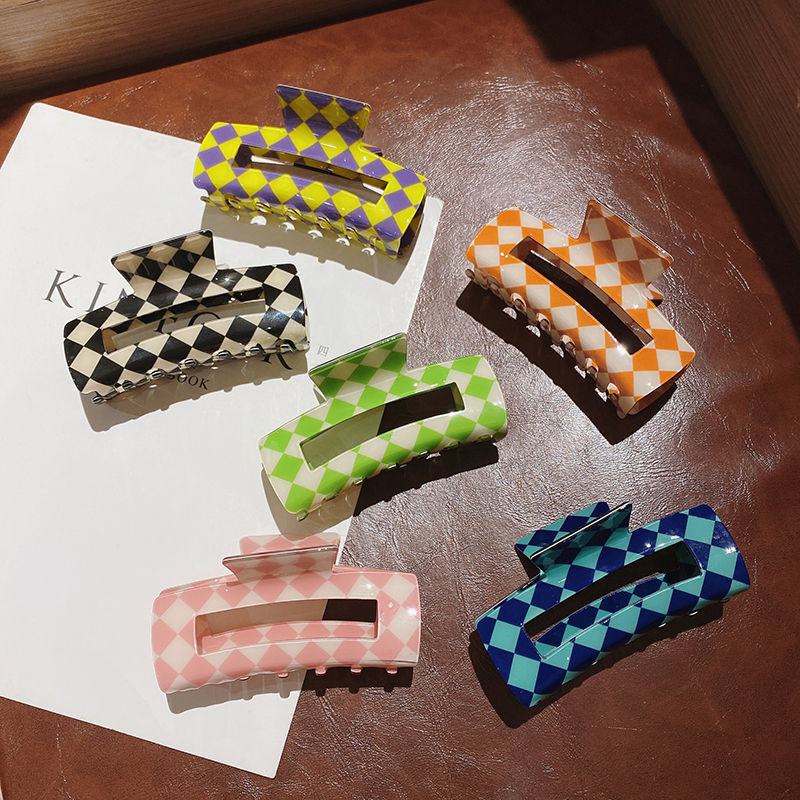 Large Hair Clips Shark Barrettes Rectangular Claw for Women No-Slip Grip Lattice Design Hair Jaw Clamp Aesthetics Plaid Checker Claws Accessories