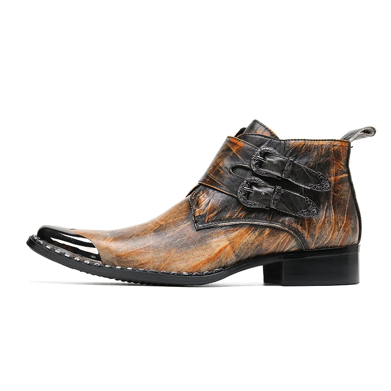 Western Cowboy Men's Boots Metal Rock Skórzowe buty kostki dla mężczyzn Kastry Brązowe motocykl