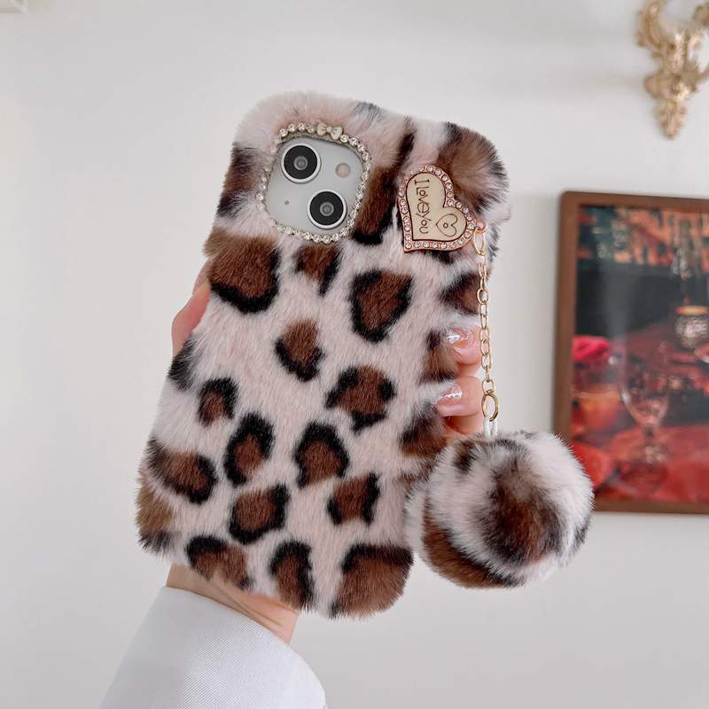 Heart Love Leopard päls fall för iPhone 15 14 Pro Max 13 12 11 XR XS X 8 7 Plus Bling Diamond äkta kaninhår Söt Bowknot Bow Soft TPU Animal Fluffy Ball Telefon Back Cover Cover