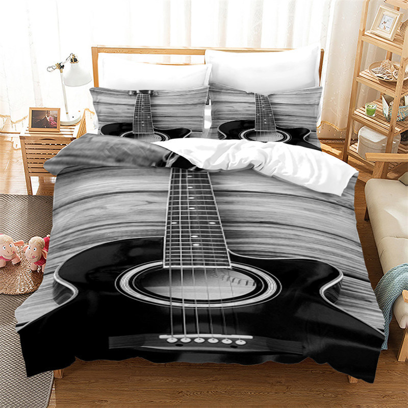 Set di biancheria da letto Guitar Queen Copripiumino Rock Music Theme Bedding Set Grunge Color Splashed Brick Wall Background Chitarra elettronica Microfoni Design 221010