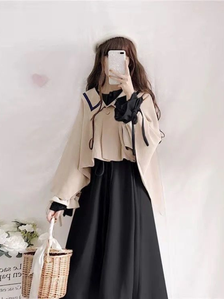 Vestido de duas peças XGOTH KAWAII FATOS Spring outono Japão Adorável colarinho colarinho colarinho de manga longa Shawl Shawl Duas peças Conjunto 221010