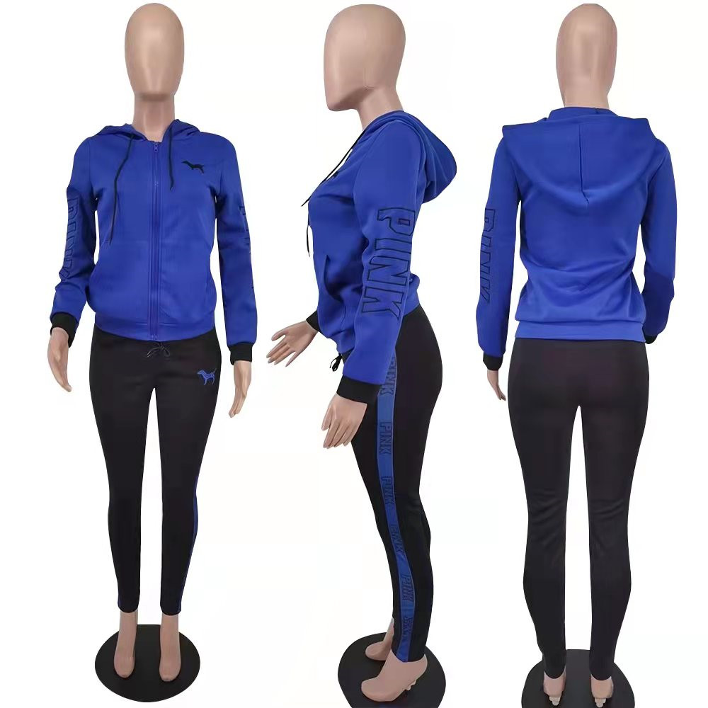 2022 Tasarımcı Marka Kadın Trailtsits Pamuk 2 Parça Setleri Jogger Suits Sıradan Pembe Nakış Uzun Kollu Twewuits Hood Giyim Leydi Kıyafetler Ceket ve Pantolon 8682-5