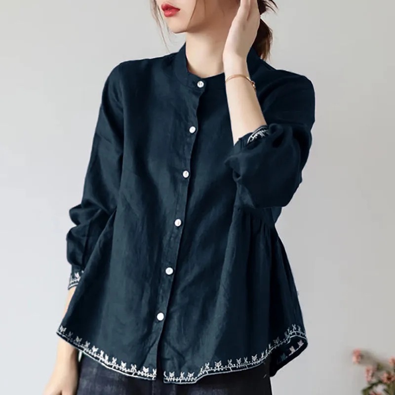 Chemise à manches longues et col montant pour femme, haut ample en coton et lin, avec broderie rétro, taille M-3XL, printemps-automne