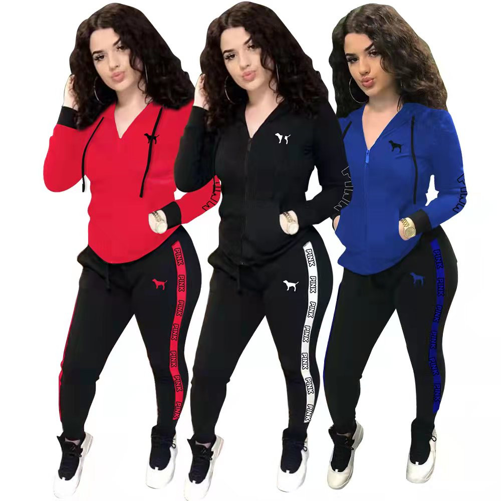 2022 Tasarımcı Marka Kadın Trailtsits Pamuk 2 Parça Setleri Jogger Suits Sıradan Pembe Nakış Uzun Kollu Twewuits Hood Giyim Leydi Kıyafetler Ceket ve Pantolon 8682-5