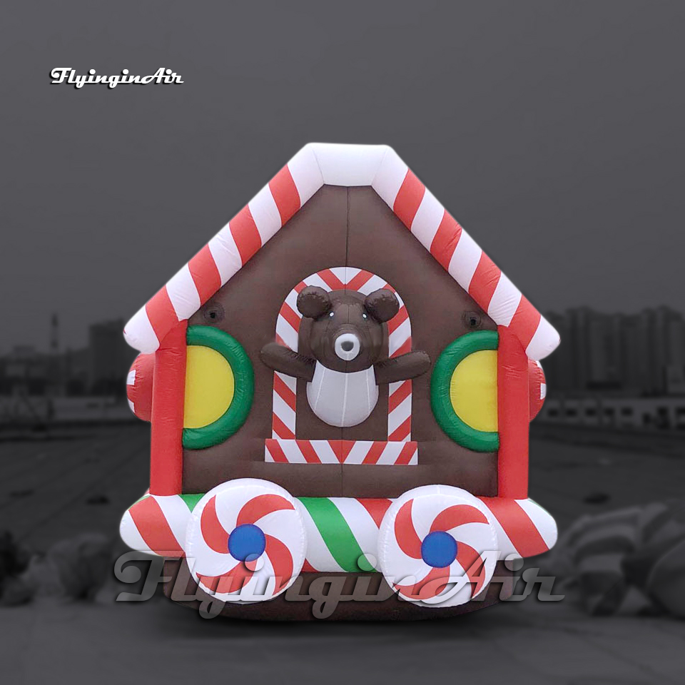 Outdoor adverteren opblaasbaar kerstsnoeptreinmodel met cartoonbeer voor kerstdecoratie