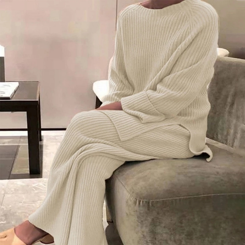 Two Piece Dress Knitted Sweater Suit Women Elegant Solid ONeck PulloversWide Leg Pants Suit Lady Autumn Winter Soft Set Homewear 221010