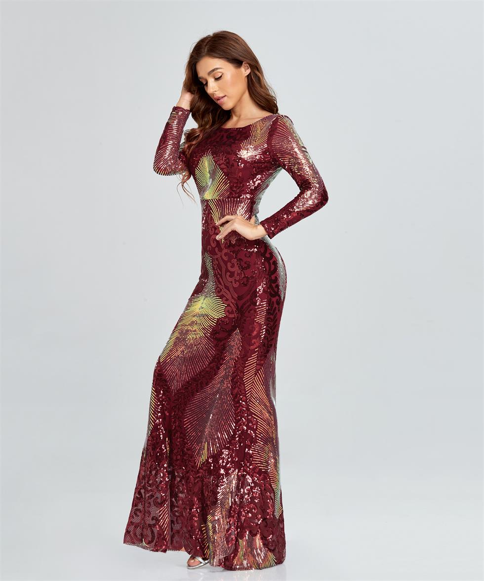 Special Occasion Dresses High Waist Long Sleeve Round Neck Backless Sequins Fishtail party Dress TW00023