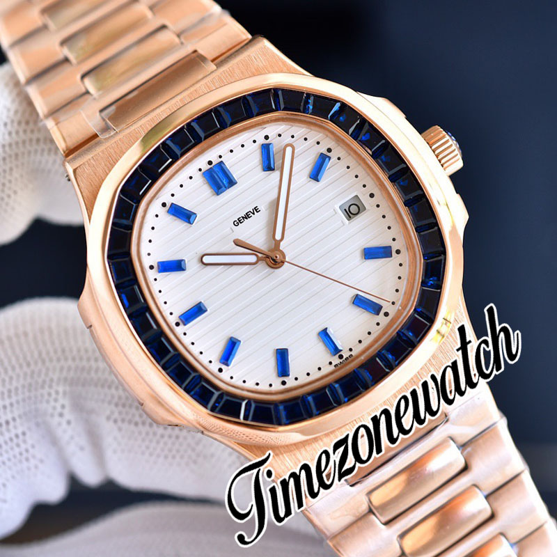 40mm 5711 Orologio automatico da uomo con texture bianca Quadrante con diamanti 5711/1300A Rettangolo con gemme blu Lunetta Bracciale in acciaio in oro rosa Orologi sportivi Timezonewatch E234D5