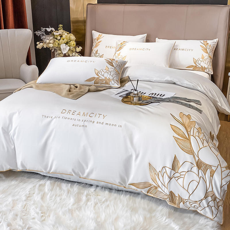 Bedding sets White Egypt Cotton Golden Embroidery Bedding Set Luxury Solid Color Duvet Cover Bed Sheet Linen Pillowcases Home Textile 221010