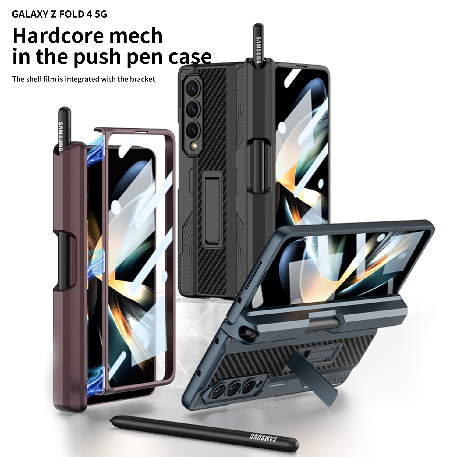 Magnetiska mech -fodral f￶r Samsung Galaxy Z Fold 4 fodral Glasfilm Sk￤rmskydd Push Pen Stand Hinge Cover