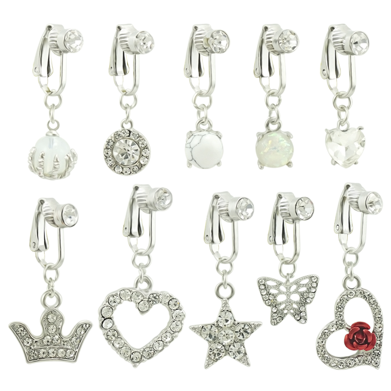 JINGLANG Butterfly Fake Button Heart Crown Rings Belly Rhinestones Piercing Clip On Umbilical Navel Faux Belly Cartilage Ear Earring Jewelry