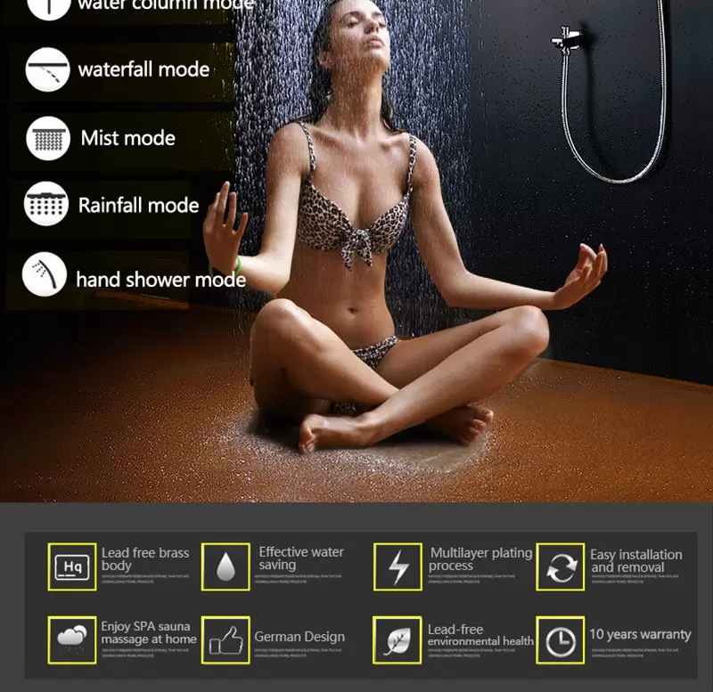 Ny inomhusbelysning Termostatisk duschuppsättning SUS304 Mirror Panel med LED -duschhuvud 380x700 Regn Mist Spray Vattenfall Vatten kolonn 72 kg