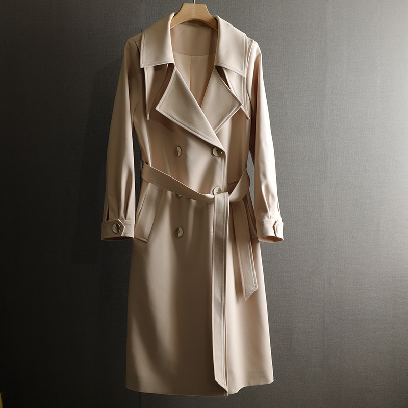 2022 Autumn Notched-Lapel Solid Color Belted Trench Coat Ivory / Blue Long Sleeve Double-Breasted Long Outwear Coats H2S177544