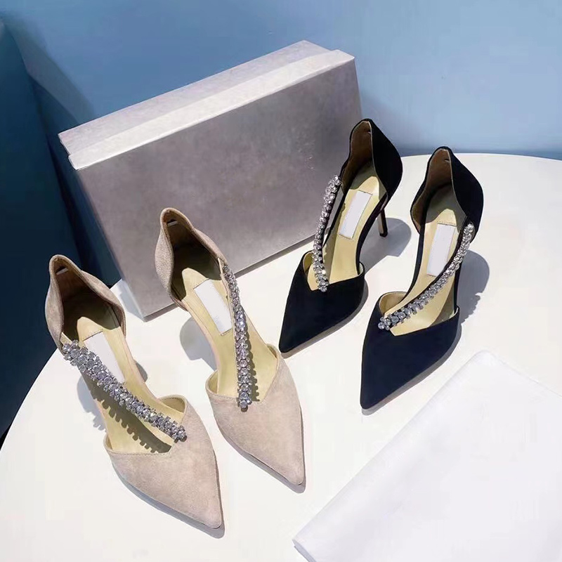 Strass jurk schoenen luxe ontwerpers kristallen ketting stiletto hiel sandalen 8,5 cm hoog hakken feest bruiloft puntig weneswomens schoen fabriek schoenen 35-42