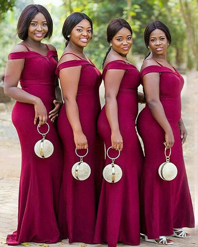 2023 African Bridesmaid Dresses Off Shoulder Spaghetti Straps Satin Plus Size Mermaid Floor Length Maid Of Honor Gowns Wedding Guest Dress