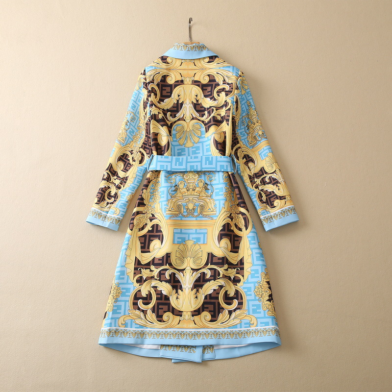 2022 Autumn ingerichte Lapel Paisley Print Belted Trench Coat Blue Long Sleeve Knoppen Dubbele borsten Lange banen Lange Buitenkleding Coats S2O08CT