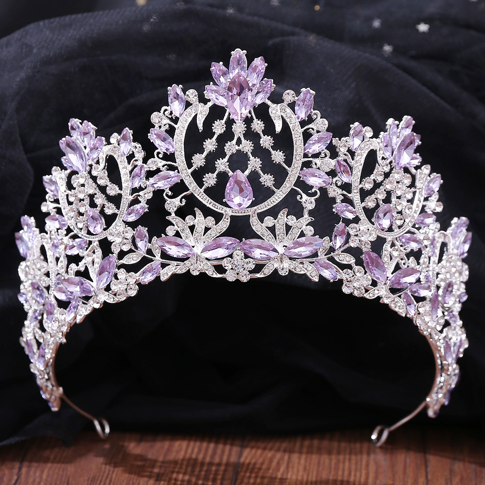 Bijoux de cheveux de mariage couleur argent mode violet lilas cristal diadème couronnes reine rois princesse accessoires diadèmes de mariée 2210122048