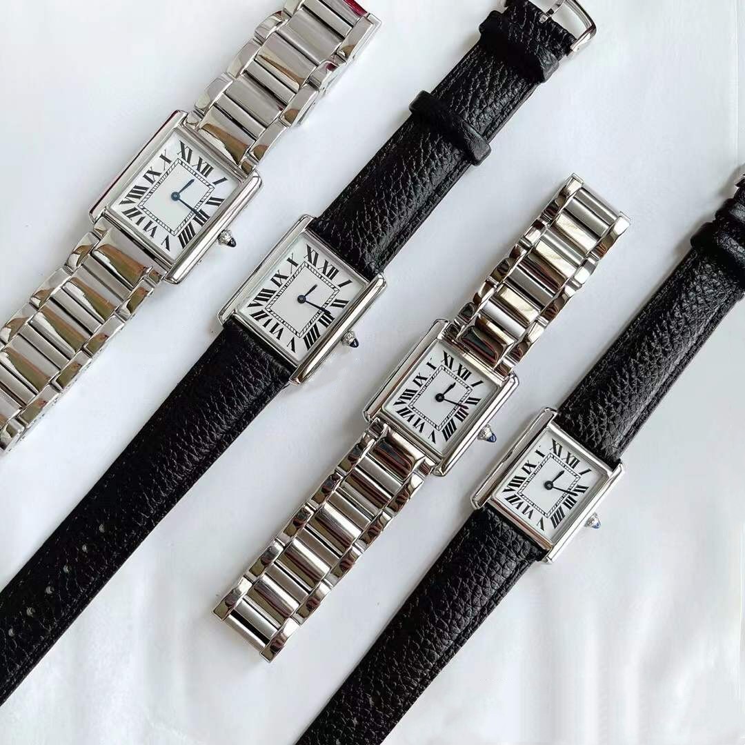 22mm 26mm Géométrique Rectangle Réservoir Montre-Bracelet Senior Must Quartz Montres Femme Numéro Romain Montre En Cuir Noir Saphir Cristal 243E