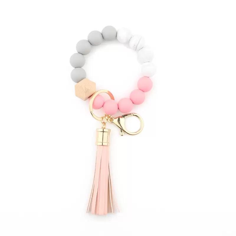 Foreign trade food grade silicone beads bracelet keychain personalized tassel pendant key ring female multi-color optional 0518