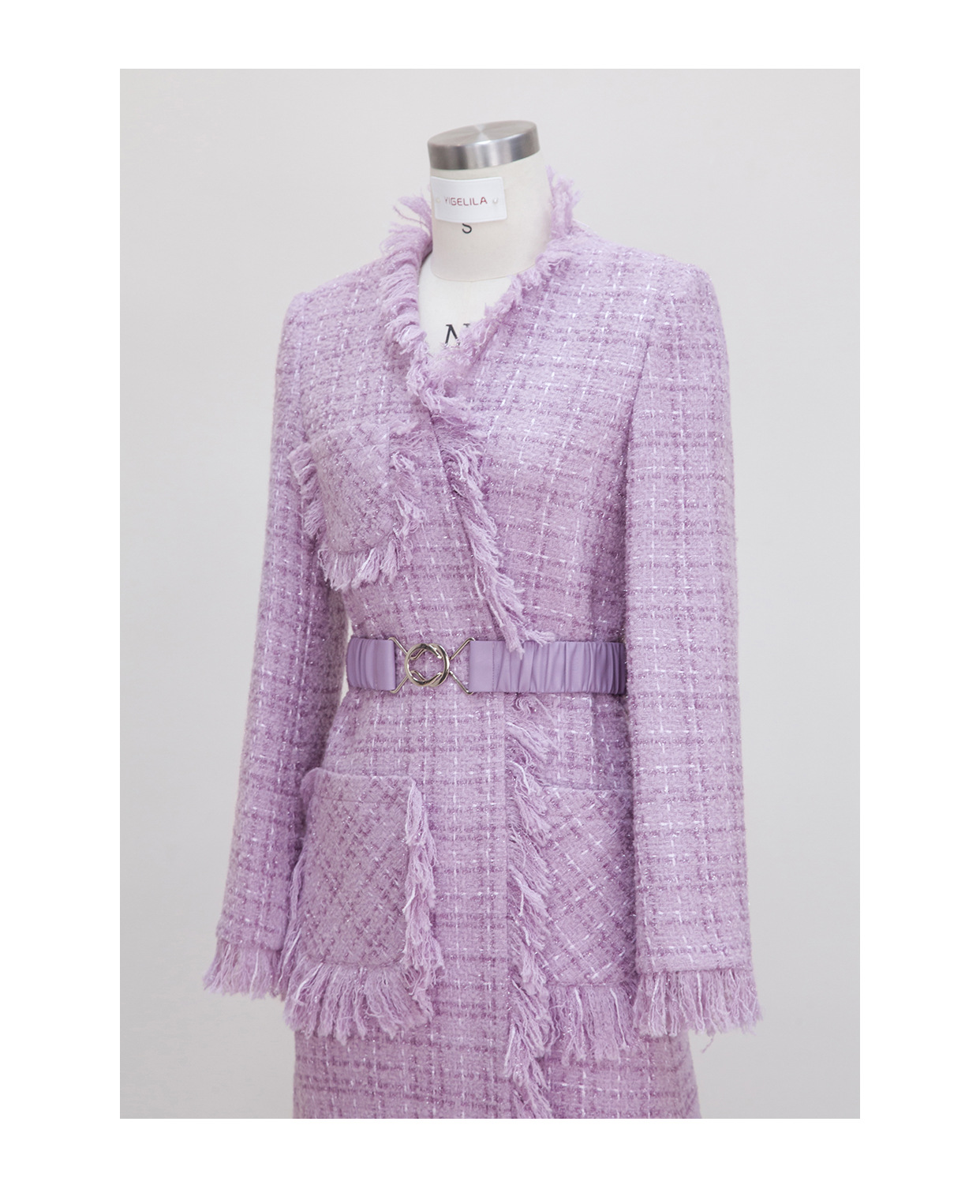 2022 autunno scollo a V tweed con cintura nappa trench coat tinta unita viola 65% lana tasche a maniche lunghe cappotti lunghi outwear J2O0591311