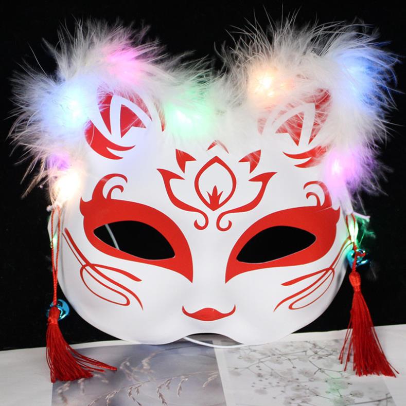 LED-ljusemitterande Feather Fox Mask Half Face Cat Tv￥-dimensionell animation Antik Barn Vuxen Gift Lysande f￤rgblandning