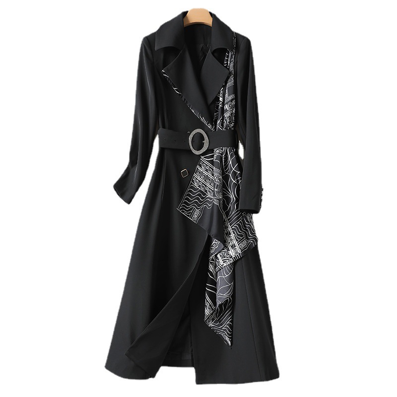 2022 Autumn hackad-Lapel Belted Trench Coat Black / Blue Long Sleeve Paneled Löstagbar halsduk Dubbelbröst långa utkläder rockar H2S176358