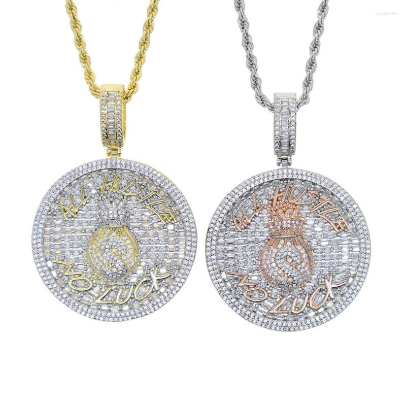 Chaînes Bling All Hustle No Luck Pendentif Glacé Sac d'argent Dollar Symbole Collier Pavé 5A CZ Cubique Zircon Hommes Femmes Hiphop Jewelr206y