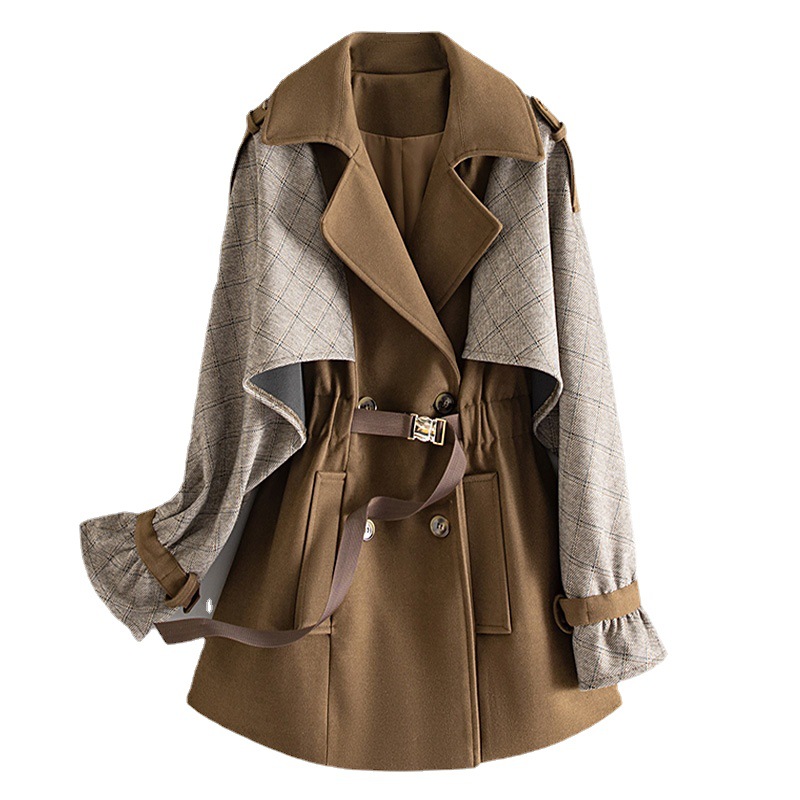 2022 Autumn Notched-Lapel Plaid Panelled Trench Coat Khaki Long Sleeve Belted Short Outwear Coats H2S178234