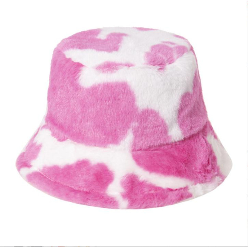 Winter Cow Leopard Faux Fur Fluffy Bucket Hats Mulheres ao ar livre Cap￩u de sol macio de veludo macio Pescador de gin￡stica panam￡ de817