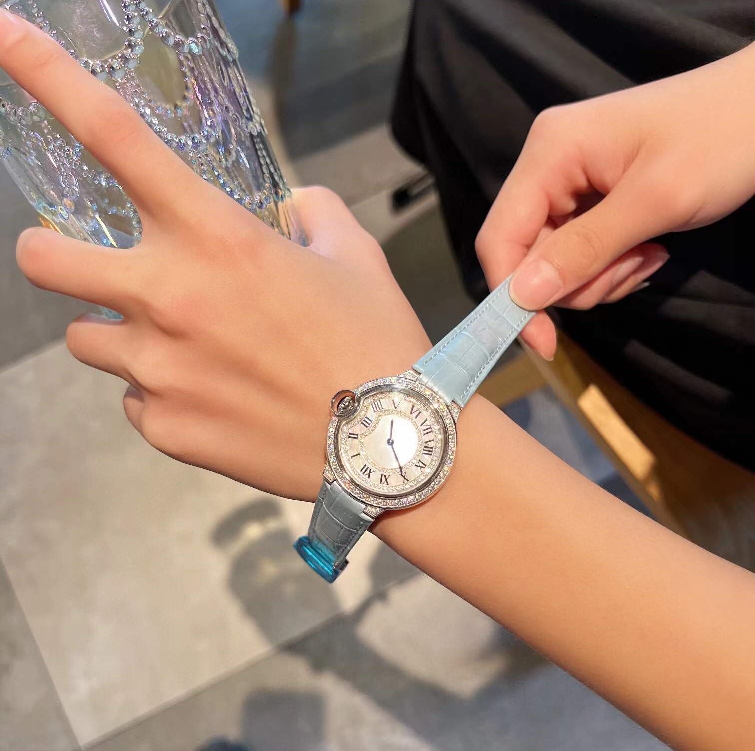 Fashion Women Multilayer Diamond Pezel Wristwatch Female Negetric Number Watches Light Blue Leather Quartz Watch White Mother of Pearl Shell Dial
