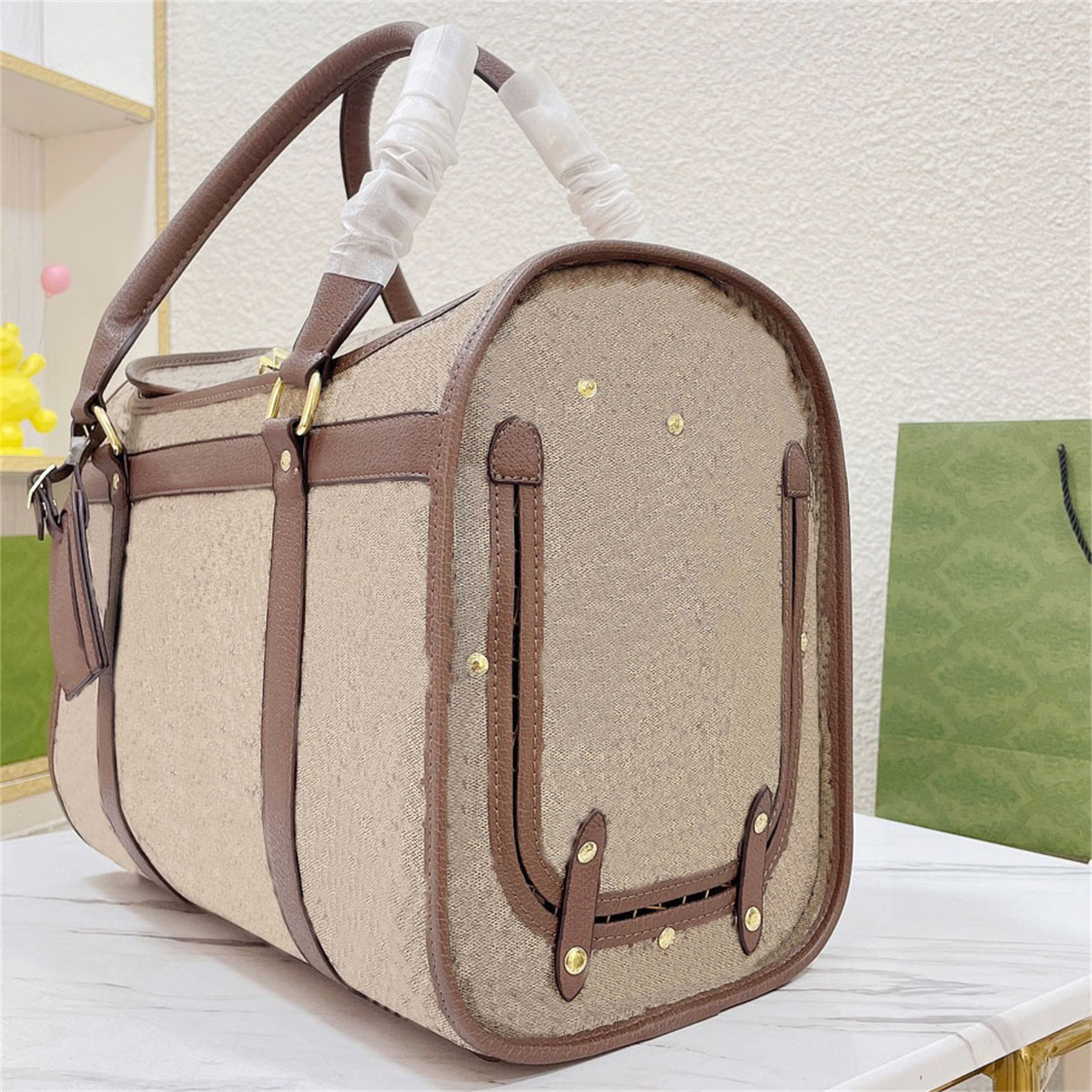 Haustier-Designer-Tragetasche, Hundetasche, Katzen-Tragetasche, Handtaschen, klassisches Belüftungsnetz, praktisches Reisen, Outdoor, Web, Beige, Ebenholz, Leinwand, Me258z