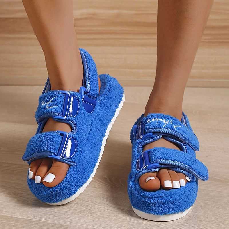 2022 Fur Platform Sandals Women Summer Thick Flat Slides Sandals Girl Fashion Casual Beach Shoes Ladies Open-Toe Plus Size Shoes