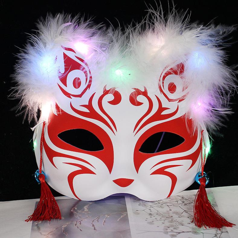 Led Rave Toy maschera di volpe piuma che emette luce mezzo viso gatto animazione bidimensionale antico bambini regalo adulti miscelazione dei colori luminosi