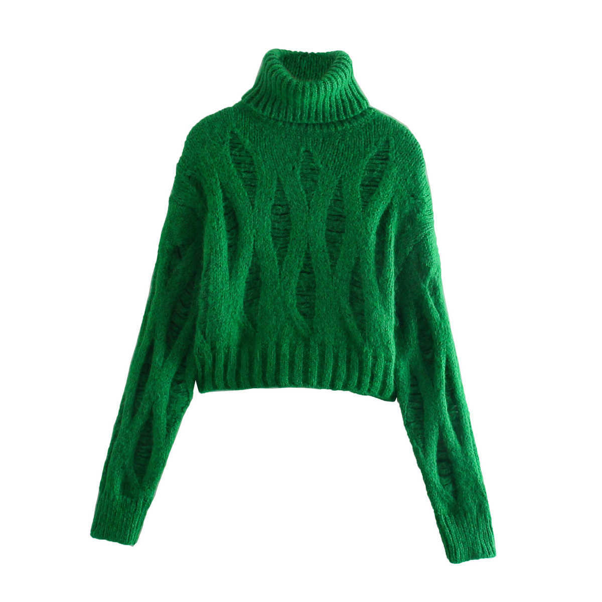 Women's Knits Tees KEYANKETIAN ZA Green Turtleneck Sweater Women's Fashion Ripped Knit Sweater Autumn Warm Street Wear Long Sleeve Pullover T221012