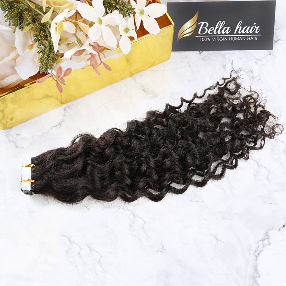 Tape in Human Hair Extensions Curly Wave Natural Black 50g Seamless Skin Weft Glue in Silky Hairpieces /pack with Double Side Tapes for Women SALE