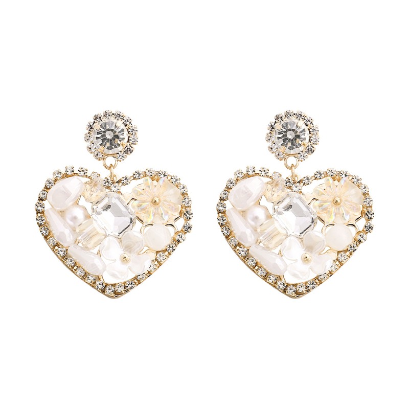 Boucles d'oreilles pendantes en forme de cœur pour femmes, douces et scintillantes, faites à la main, perles, strass, fleurs, géométriques, bijoux tendance