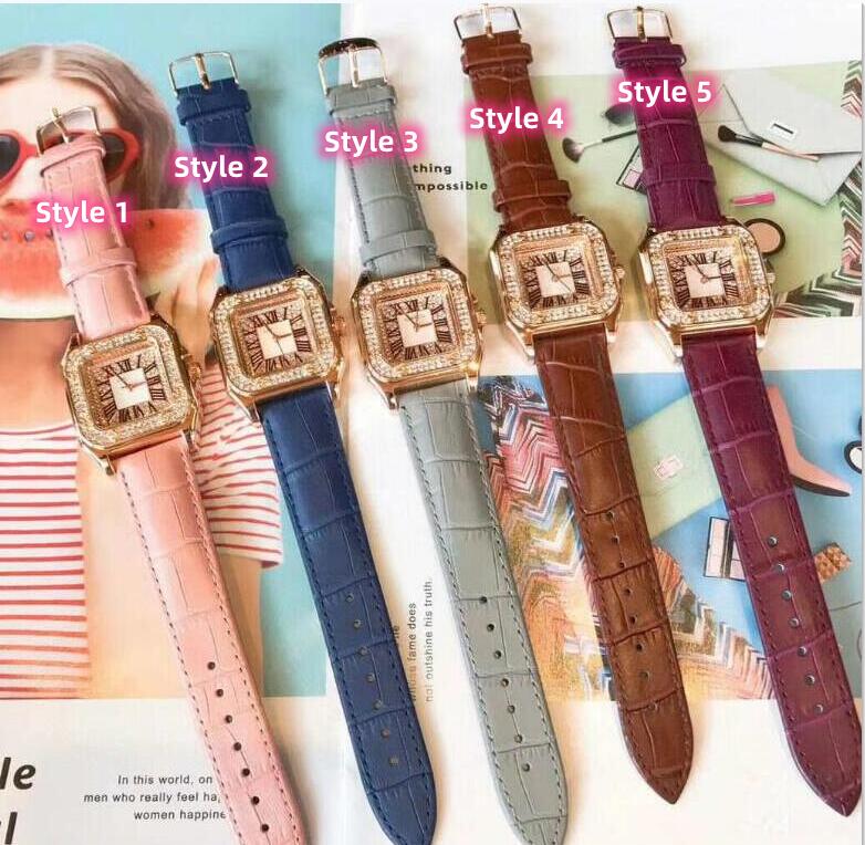 Top model Fashion Lady Quartz Watches 36mm Casual Square Diamonds Ring skeleton women wristwatch rose gold Genuine Leather Belt Watch Gifts montre de luxe