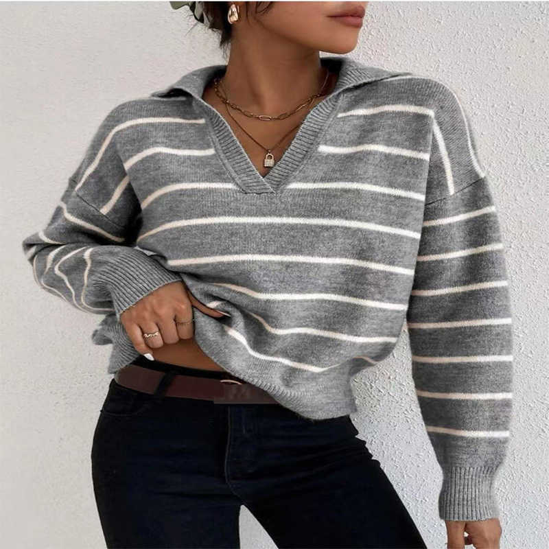 Women's Knits Tees Women's Knitted Sweater Pullovers for Winter Korean Clothing Sweater Full Sleeve Tops Lapel Striped Sweaters 2022 Fashion New T221012