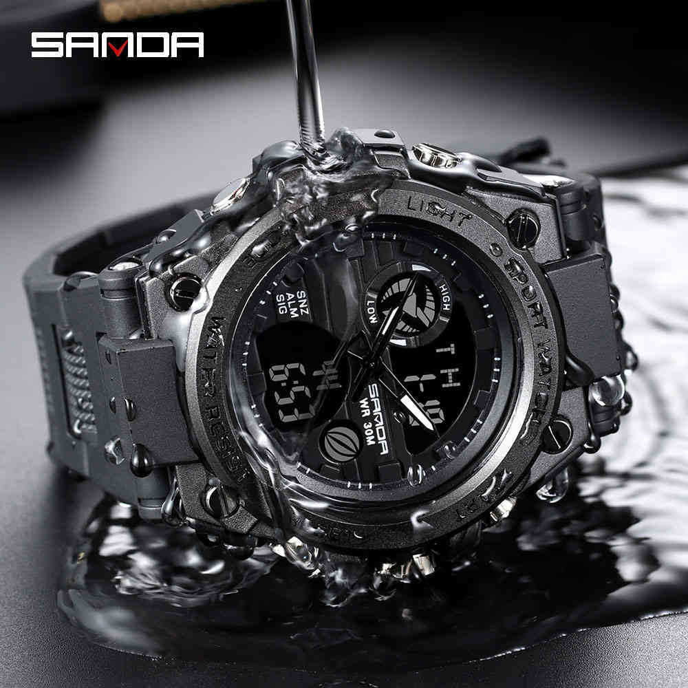 SANDA Sports de plein air hommes montres militaire quartz montre numérique LED hommes étanche montre-bracelet S choc montres relogio mascul336F