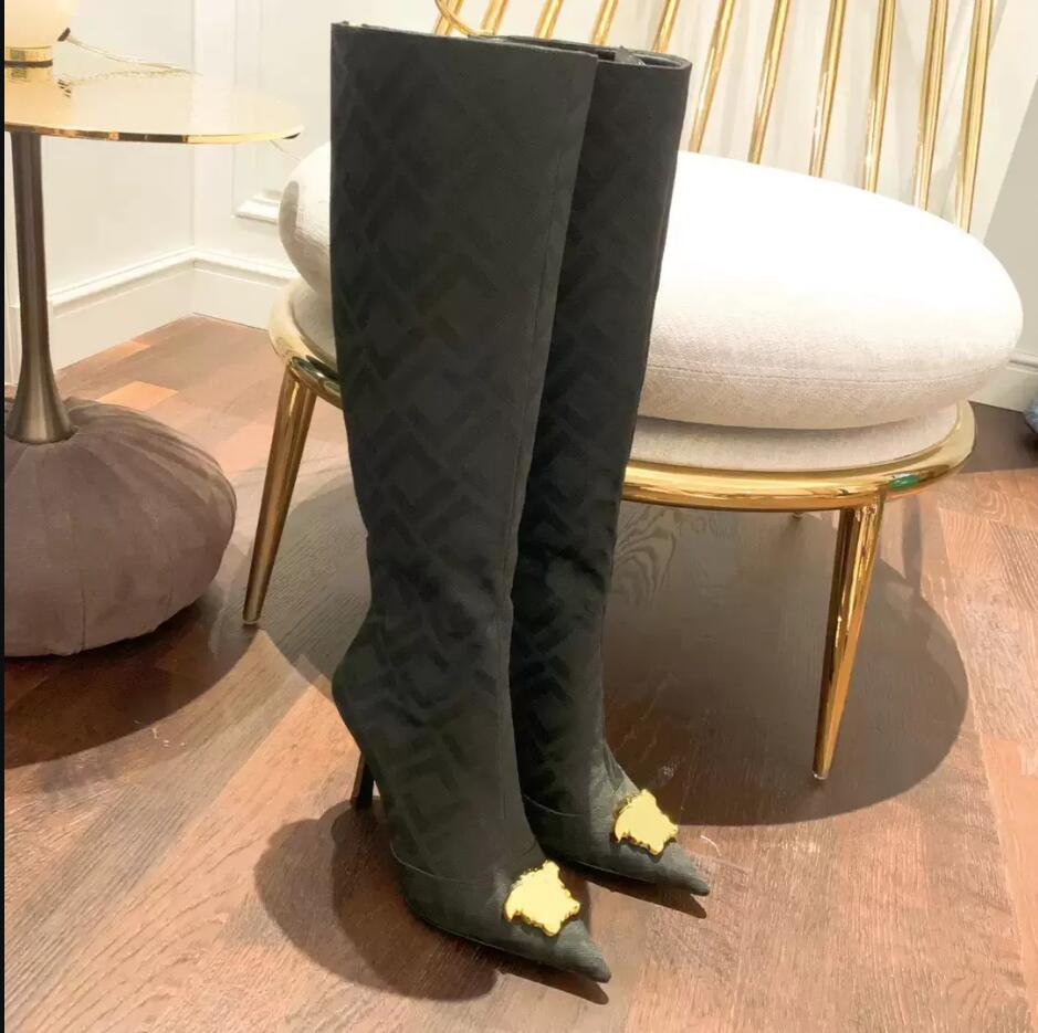 أحذية الركبة أحذية نسائية 10 سم الكعب المطبوعات المطبوعة العناصر الكلاسيكية Medusa Medusa Buckle Bootie Bootie Found