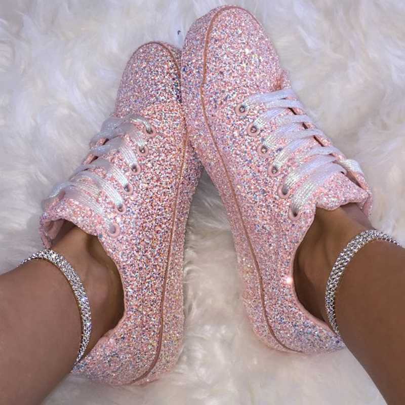 Klänning Skor 2020 Kvinnor Snörning Sneakers Glitter Höst Platt Vulkaniserad Dam Bling Casual Kvinnlig Mode Plattform Mode Platta Skor T221012