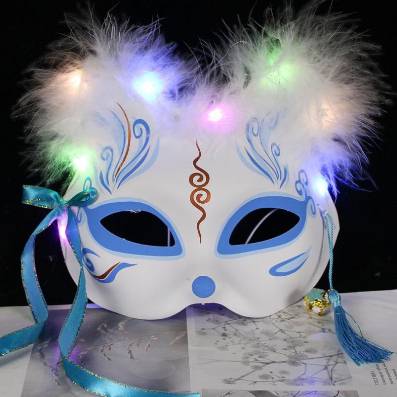 Led Rave Toy maschera di volpe piuma che emette luce mezzo viso gatto animazione bidimensionale antico bambini regalo adulti miscelazione dei colori luminosi