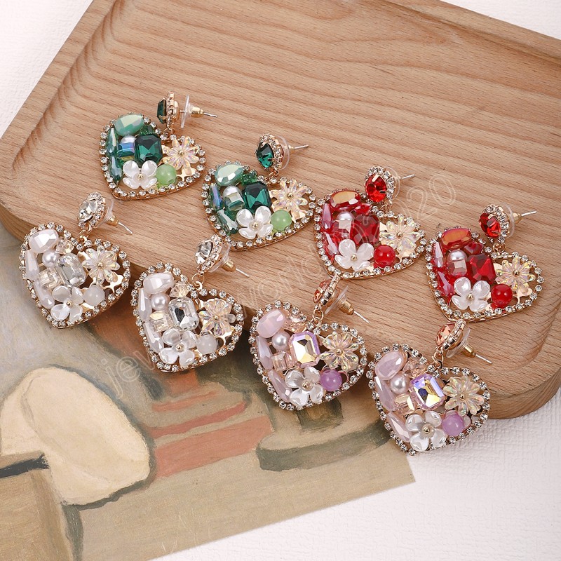 Boucles d'oreilles pendantes en forme de cœur pour femmes, douces et scintillantes, faites à la main, perles, strass, fleurs, géométriques, bijoux tendance