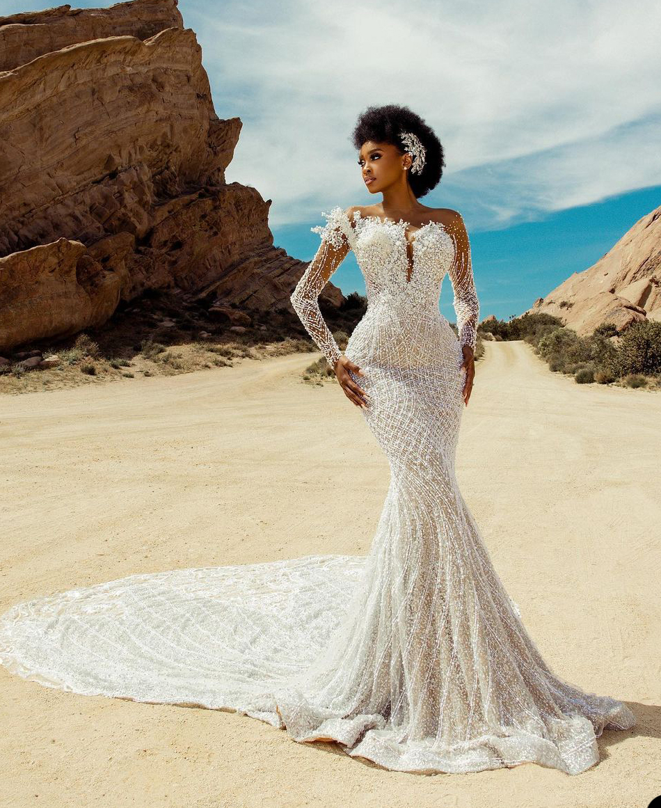 Illusion Lace Mermaid Wedding Dresses Full Sleeve Bridal Gown Outdoor Beach Marriage Long Train Arabic Aso Ebi