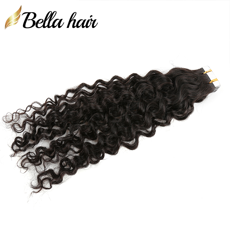 Tape in Human Hair Extensions Curly Wave Natural Black 50g Seamless Skin Weft Glue in Silky Hairpieces /pack with Double Side Tapes for Women SALE