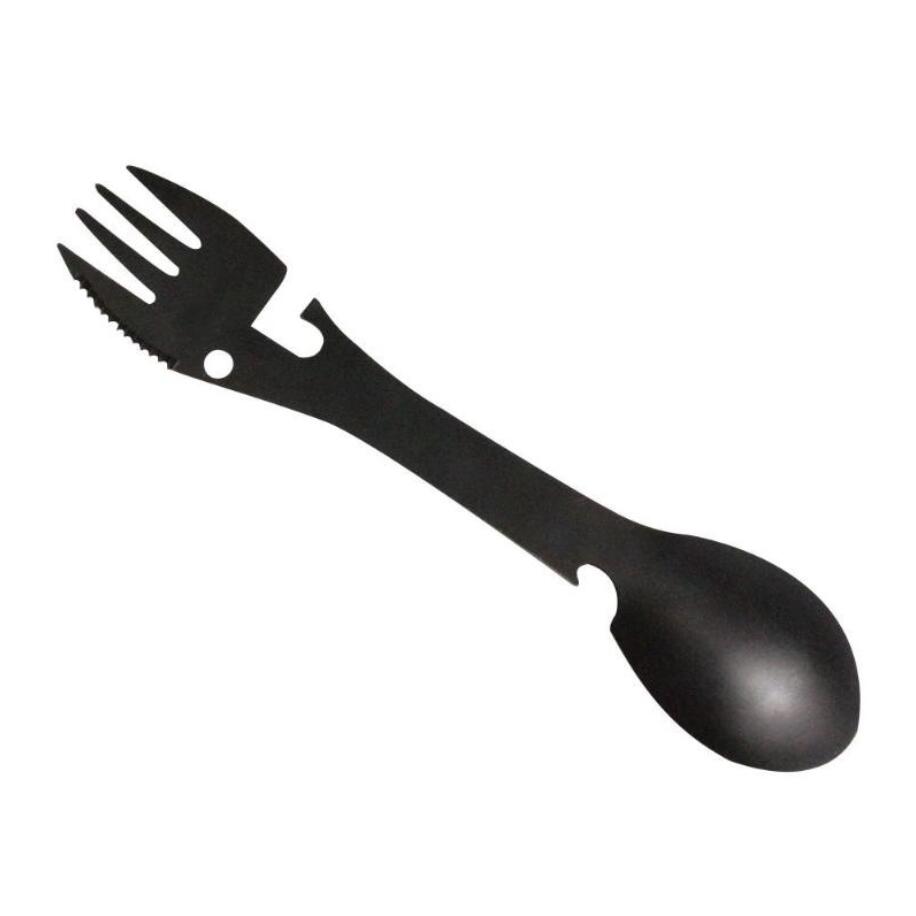 Forchetta cucchiaio multifunzione in acciaio inossidabile da campeggio all'aperto 5 in 1 stoviglie stoviglie coltello da taglio da picnic apribottiglie moschettone