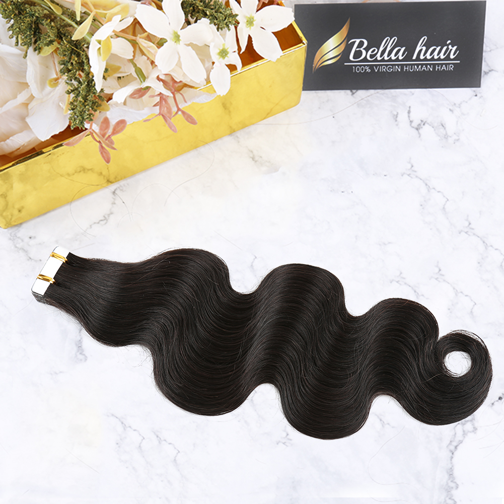 Remy Tape in Hair Extensions Body Wave Wavy Seamless Skin Weft Glue Human Hairpieces with Invisible Double Sided Tapes 50G BellaHair 14-24inch