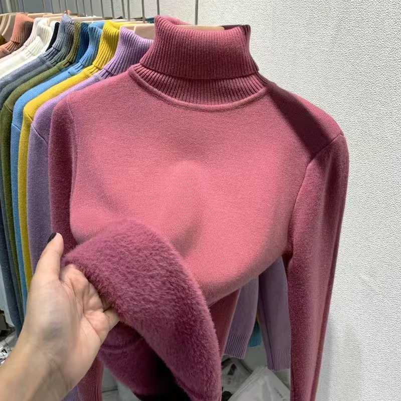 Damen Strick T-Shirts Rollkragen Winterpullover Frauen Elegant Dick Warm Weiblich Strickpullover Weich Lose Basic Plüsch Strickwaren Pullover Pullover T221012