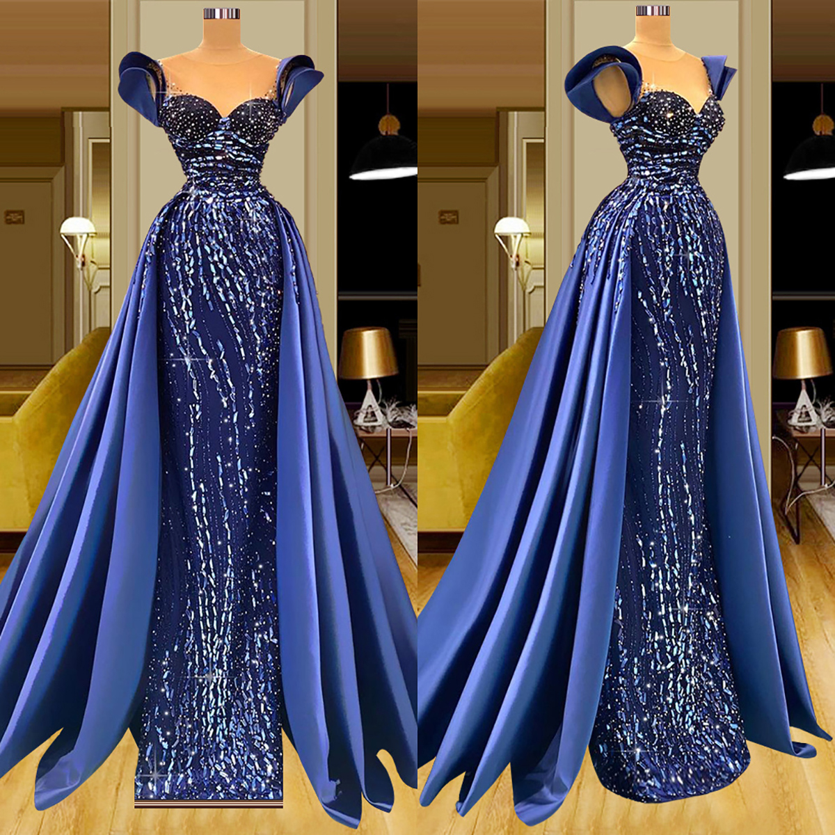 Abiti da sera eleganti a sirena in raso lucido Nuovo O-Collo Perline di strass Abiti da sposa Rimovibile Sweep Train Abito da festa drappeggiato Custom Made