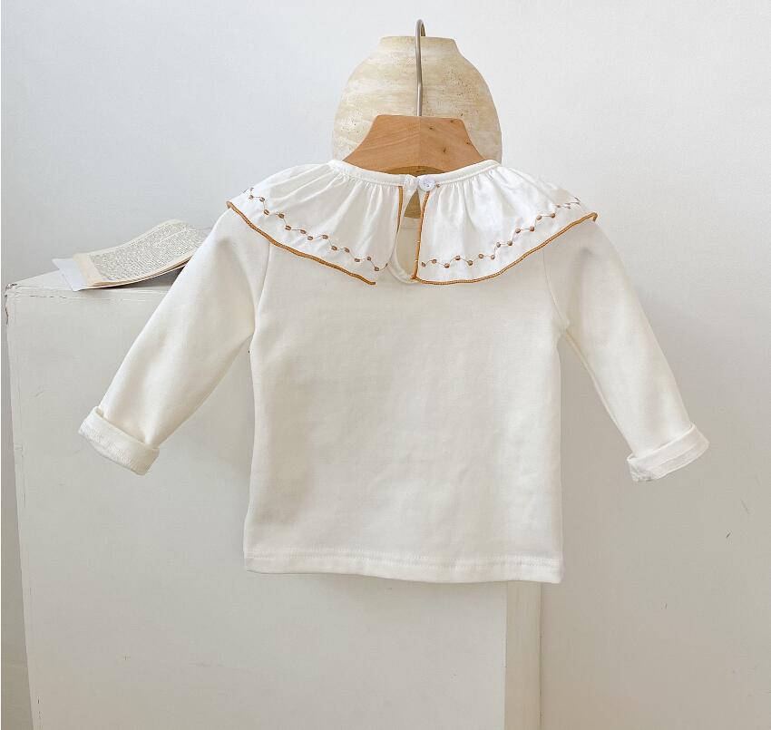 Elegant Spring Fall Girl Kids Clothing T-shirt 100%Cotton Solid Color Ruffles Collar Shirts Girl Soft Top 65026